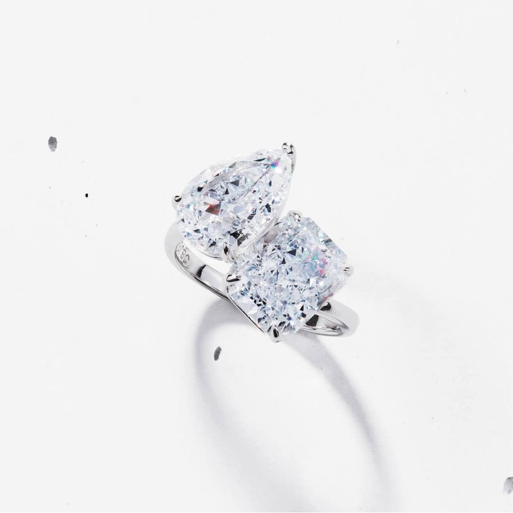 Two Stone Swarovski Ring, Radiant & Pear Cut Ring, Sterling Silver
